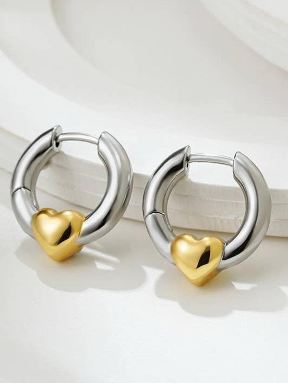 Water proof Tarnish Free Silver Hoop Earrings with Gold Heart Accent - Women's